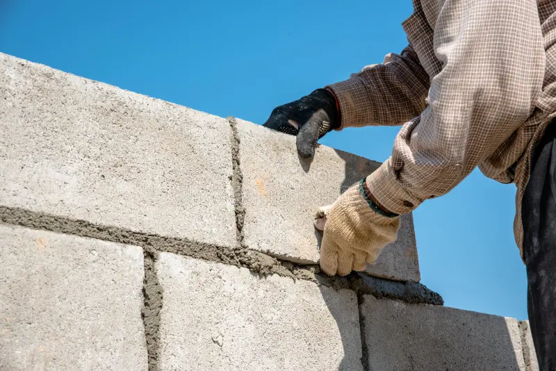 worker make concrete wall cement block plaster constru orker construction site hand wearing glove laying to making 58847829